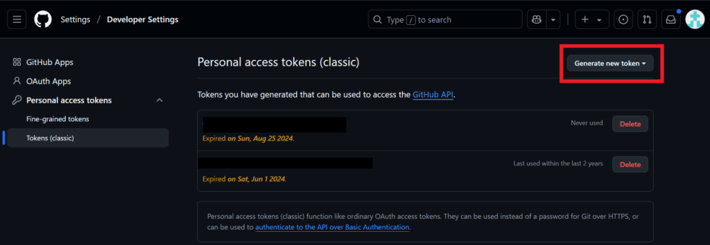 GitHubトークン作成ボタン